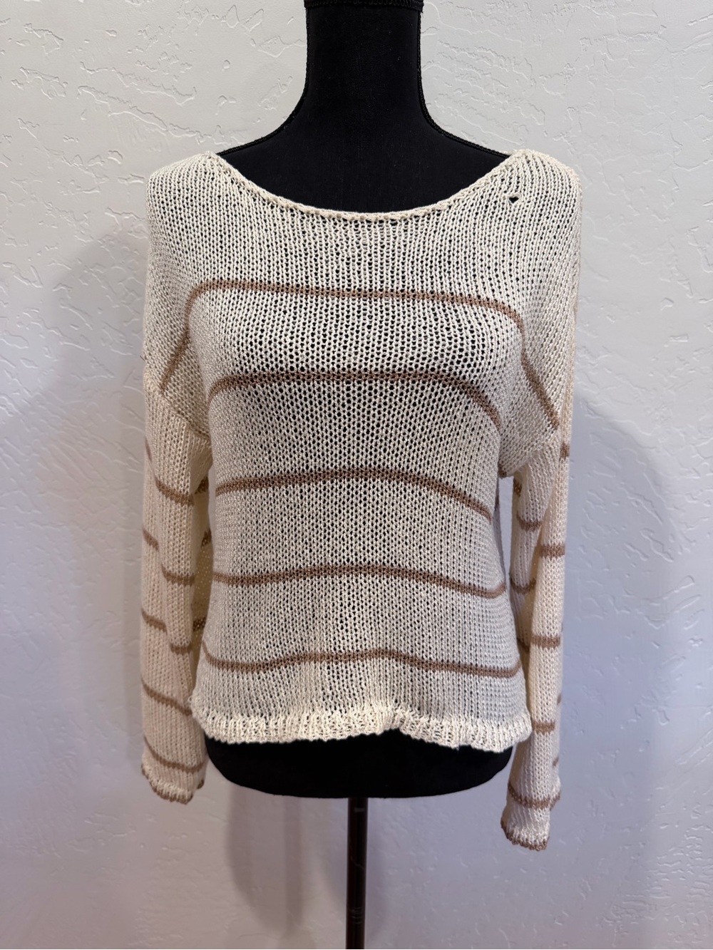 Sadie & Sage Cream and Tan Striped Open Knit Sweater